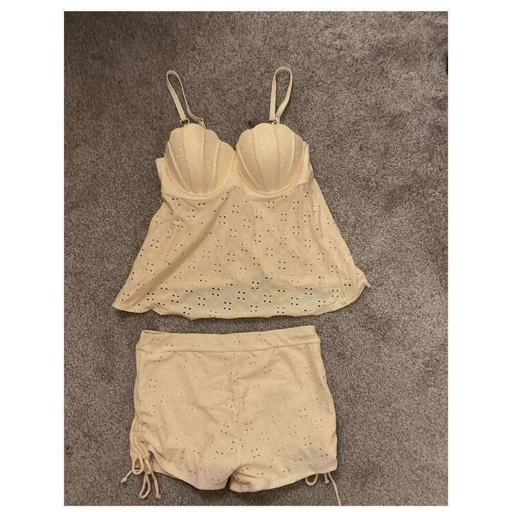 NWOT Yellow Shell Push-Up Eyelet Hollow Out Detailed & Hi Waisted Tankini Set, M